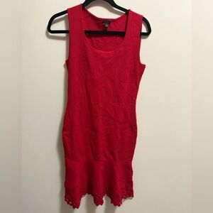 Ann Taylor Red Fitted Knit Sweater Dress Laser Cut Out Knee MIDI Sleeveless - XS